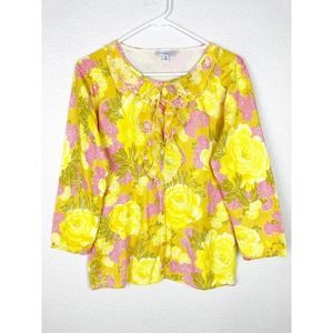 Isaac Mizrahi Cardigan Womens Medium Yellow Button Up Ruffle 3/4 Sleeve Sweater